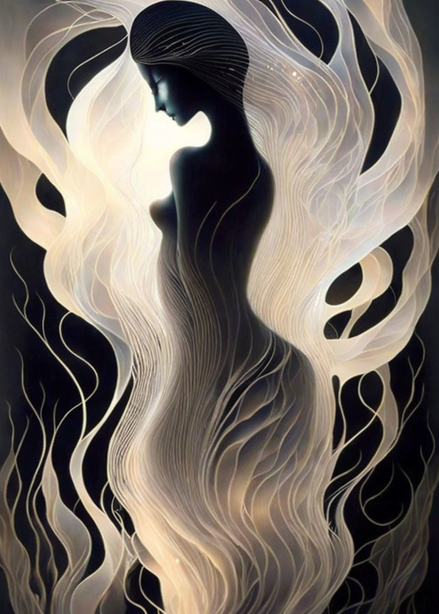 Silhouetted female figure with flowing lines on dark background