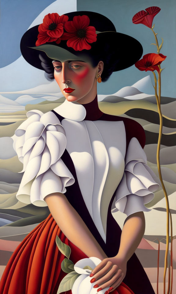 Woman in black hat with red flowers, red nose, white ruffled sleeves, and red dress in