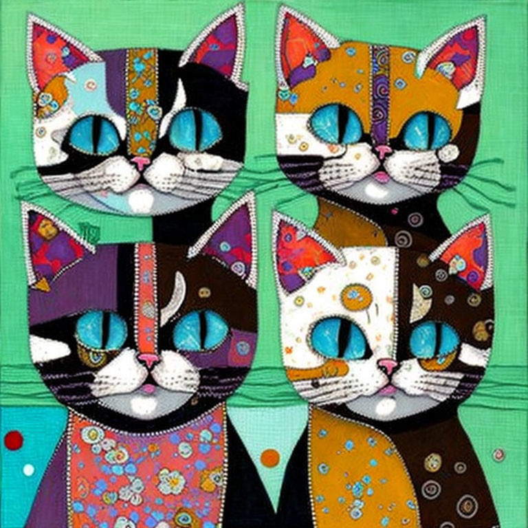 Four Colorful Patchwork Cats on Green Polka Dot Background