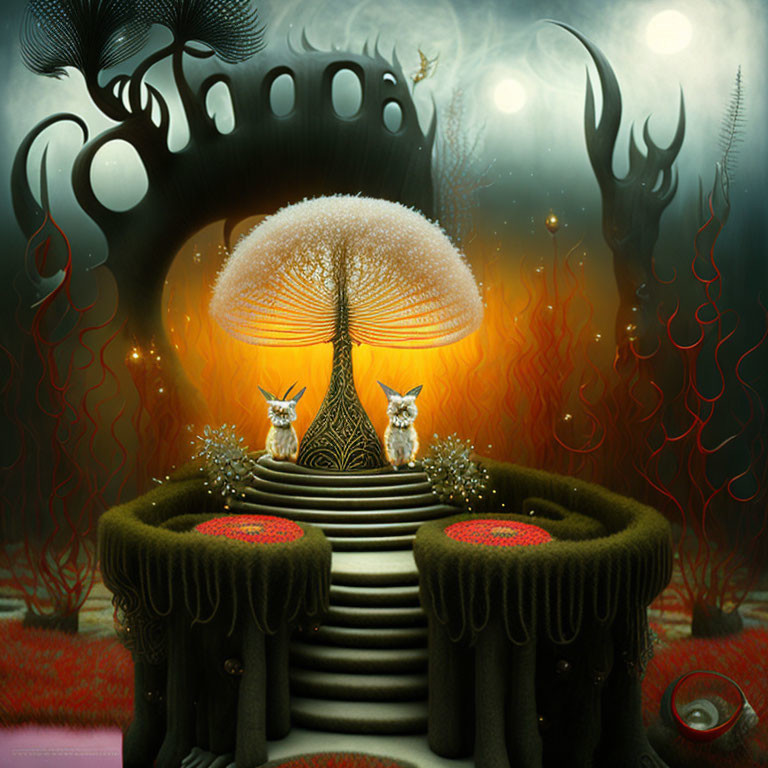 Surreal landscape with fox-like creatures, glowing tree, fiery flora, and towering structures