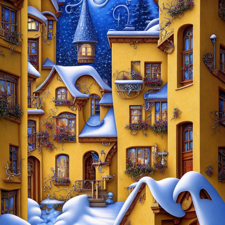 Charming winter scene with yellow buildings and snow-covered greenery