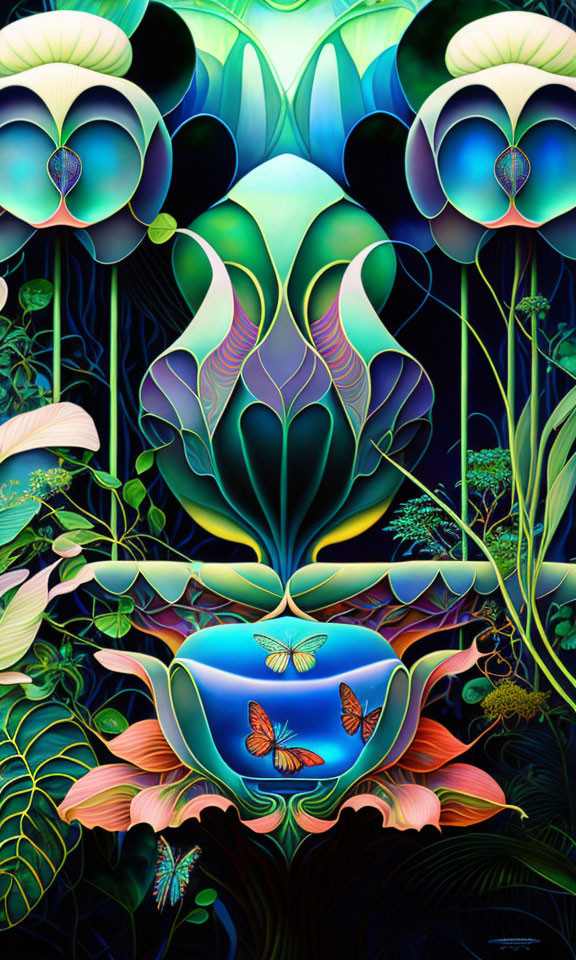 Symmetrical Floral Artwork with Exotic Flowers, Butterflies, and Blue Sphere