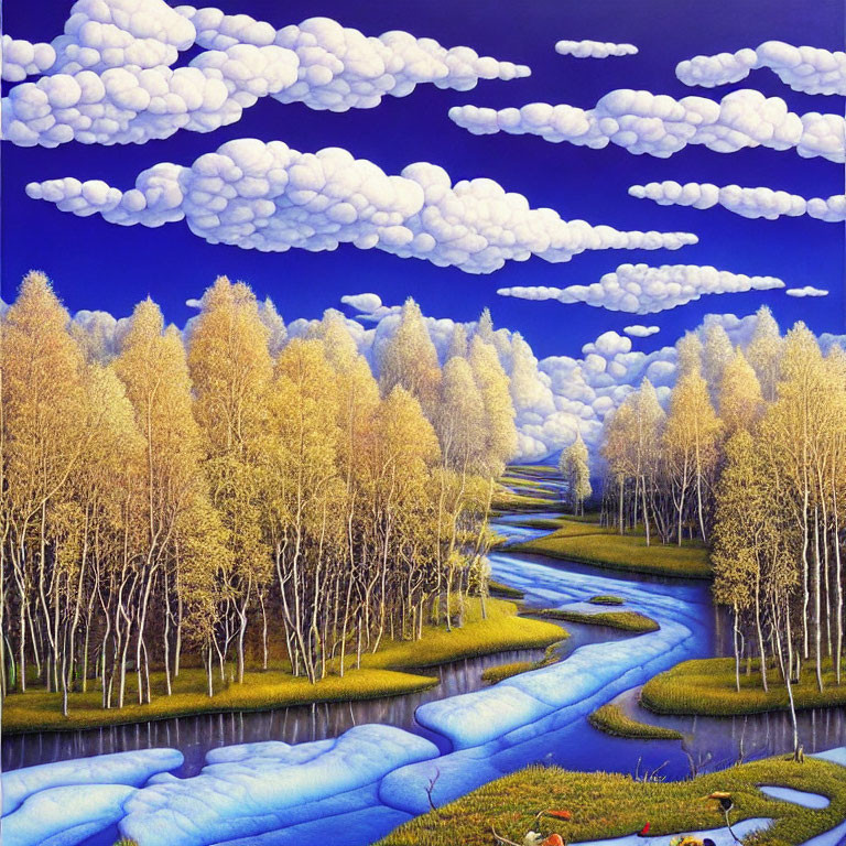 Stylized landscape with winding river and golden-leaved trees