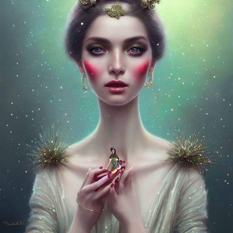 Glowing woman with rosy cheeks holding miniature figure in celestial setting