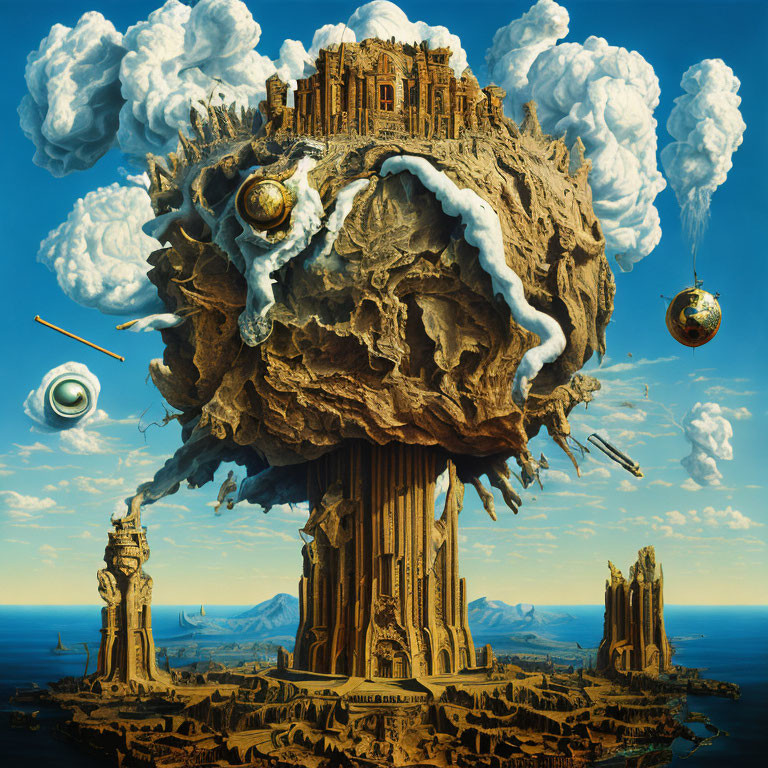 Surrealist artwork: levitating island with ancient structures, waterfalls, orbs, blue sky