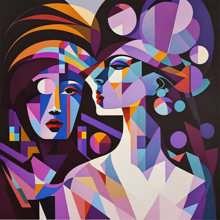 Vibrant geometric abstract painting of two women profiles