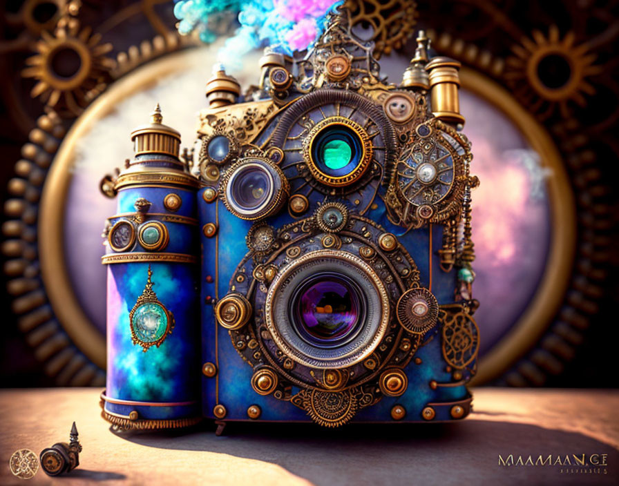 Steampunk-inspired camera with ornate gears and cogs on cloud backdrop