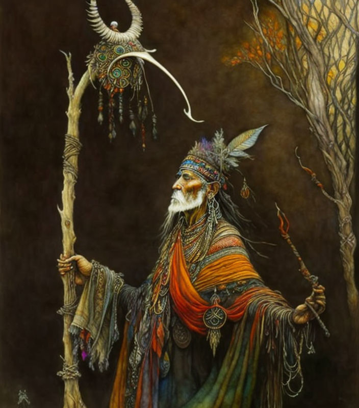 Elderly shaman in feathered headdress and robes