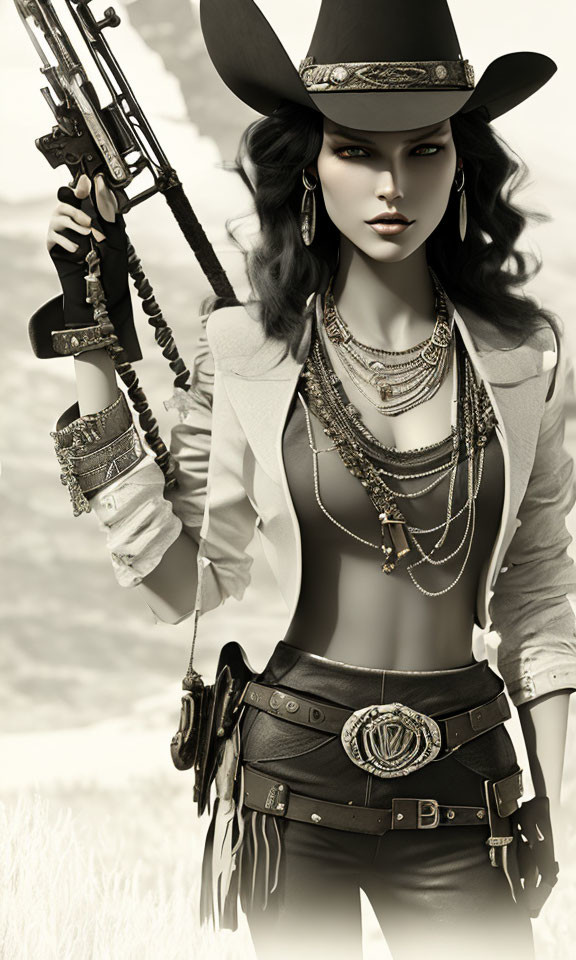 Stylish cowgirl illustration with elaborate jewelry, large hat, and detailed rifle