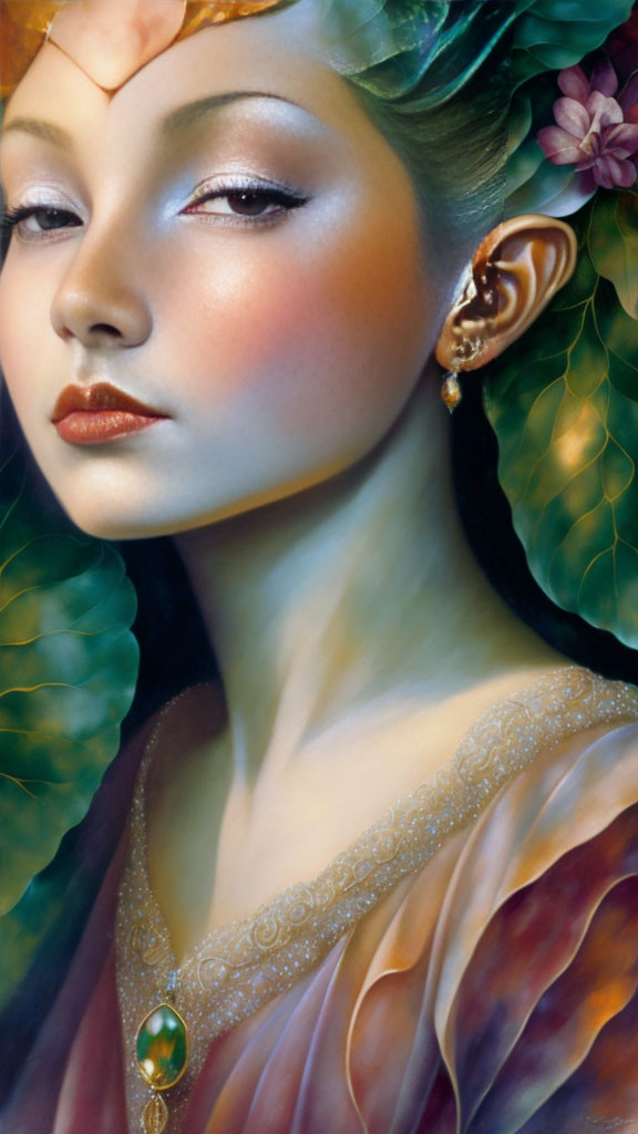 Fantasy portrait of woman with elf-like ears and ornate attire on leafy background