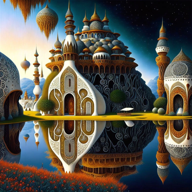 Fantasy landscape with ornate Eastern-inspired architecture and starry night sky.