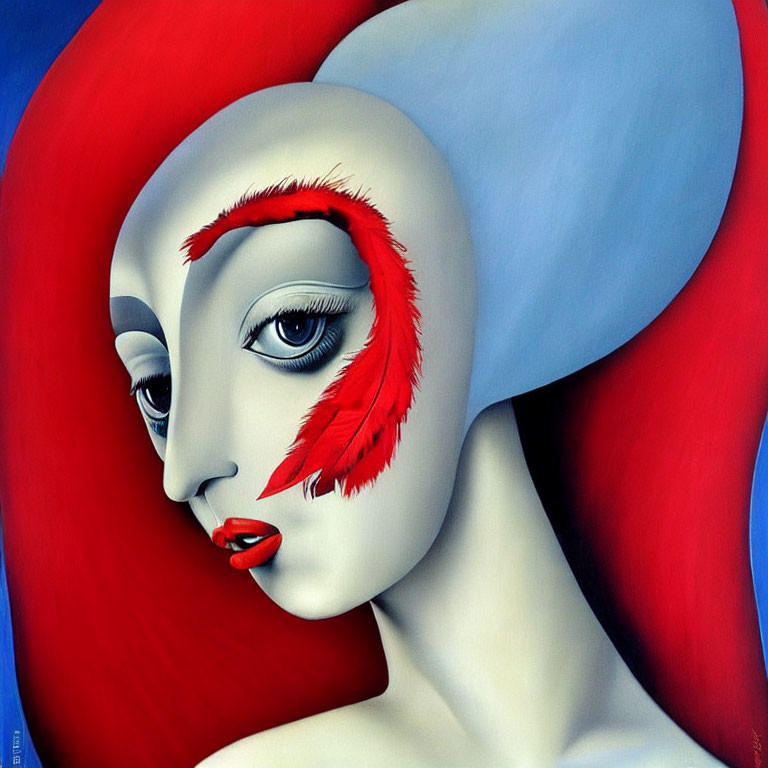 Surrealistic painting of woman with white skin, red and blue accents, and feather motif.