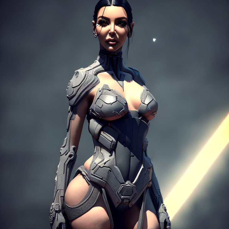 Futuristic female cyborg in sleek armor against grey backdrop