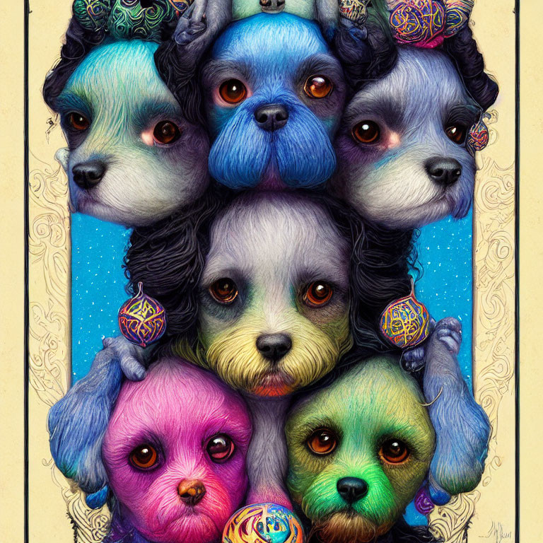 Vibrant vertical stack of five dogs with colorful fur and mesmerizing eyes holding patterned ornaments