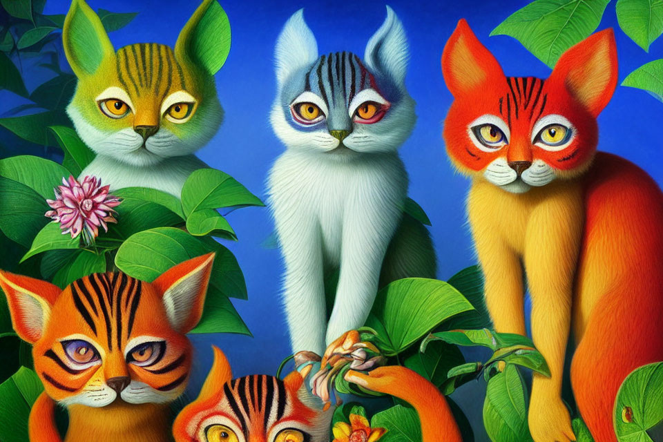 Anthropomorphic Cats in Colorful Nature Scene