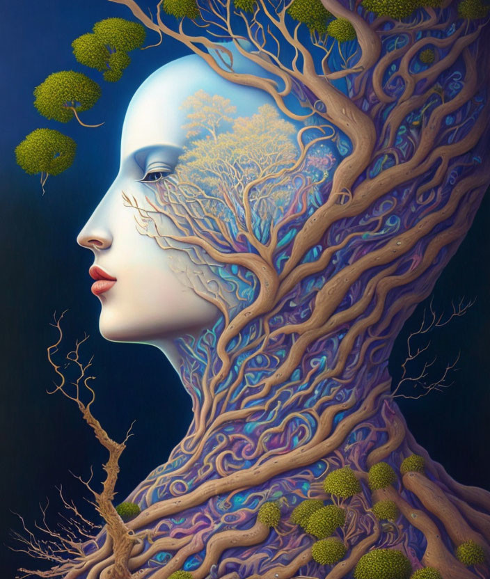 Human profile merges with tree in surreal artwork