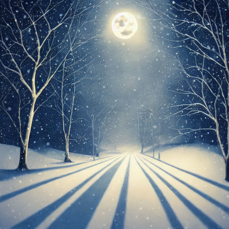 Snowy Night Landscape with Bare Trees and Full Moon Glow