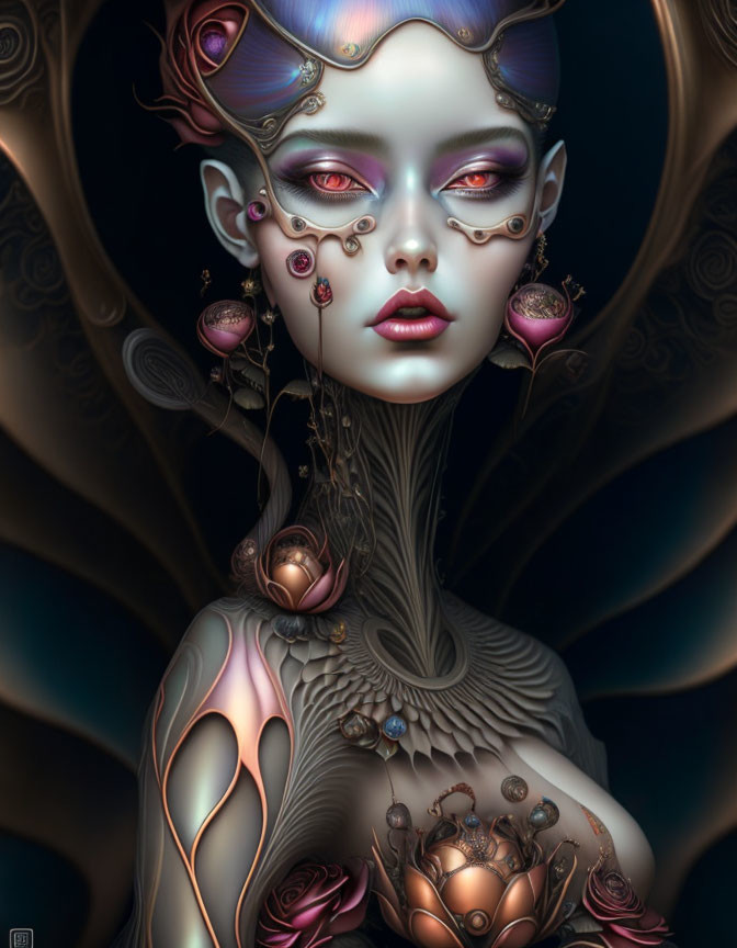 Female figure in surreal digital art with metallic and organic embellishments in blue and purple hues