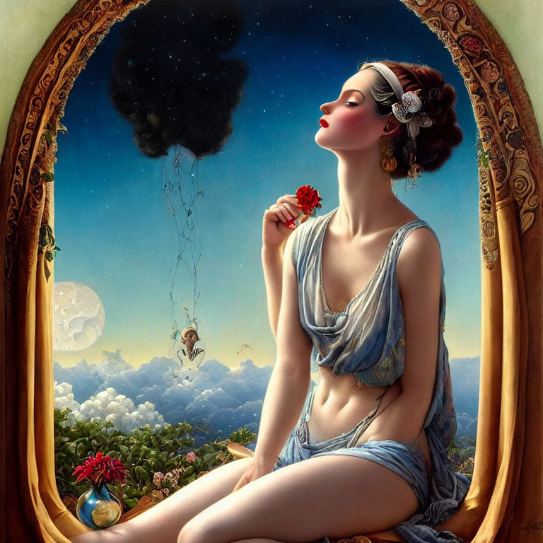 Woman in blue dress surrounded by surreal elements.