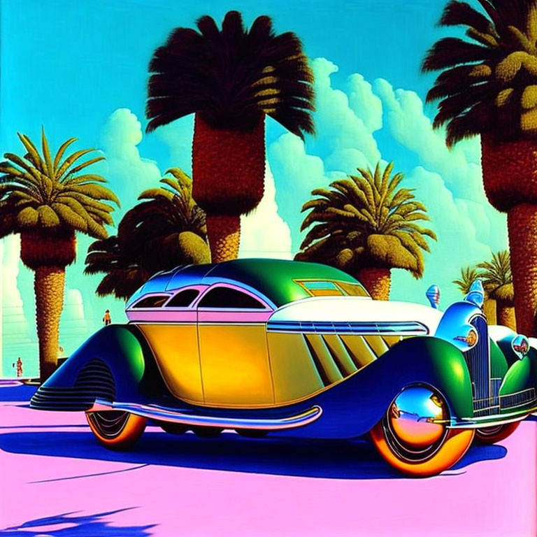 Stylized vintage car with chrome details against palm trees