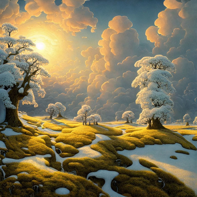 Snow-covered trees in golden sunset winter landscape