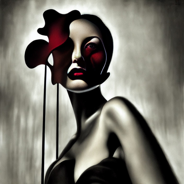 Dramatic red and black makeup on woman with surreal flower accessory