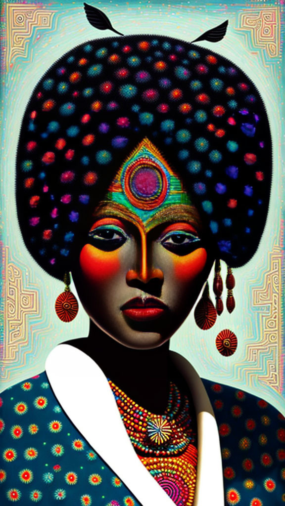 Colorful African woman portrait with intricate patterns and vibrant adornments