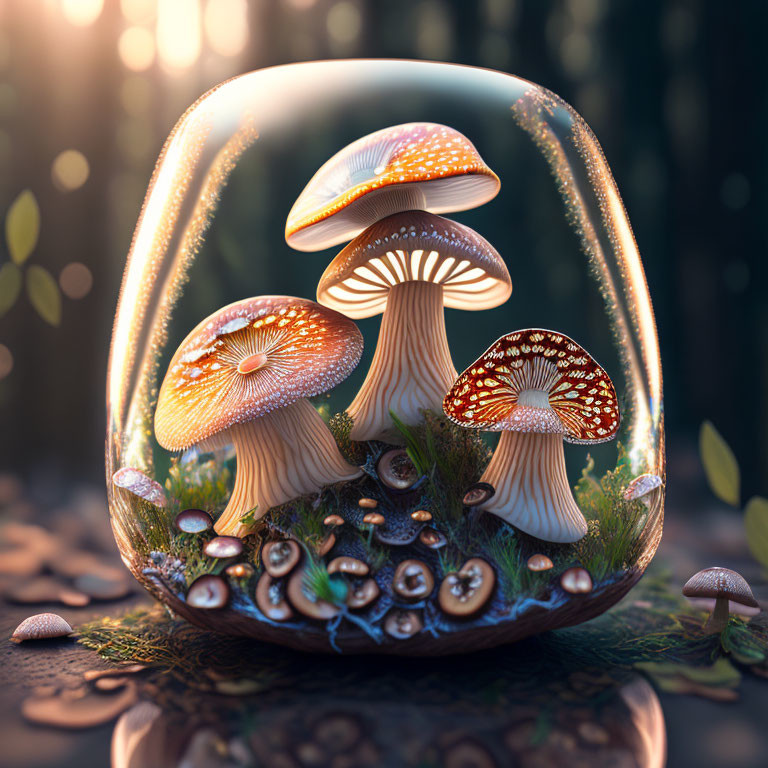 Luminescent mushrooms in transparent dome amidst mystical forest