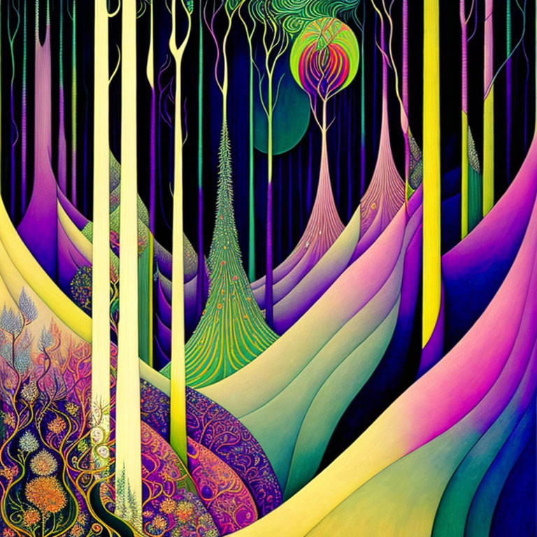 Colorful Psychedelic Forest with Glowing Orb and Curved Trees