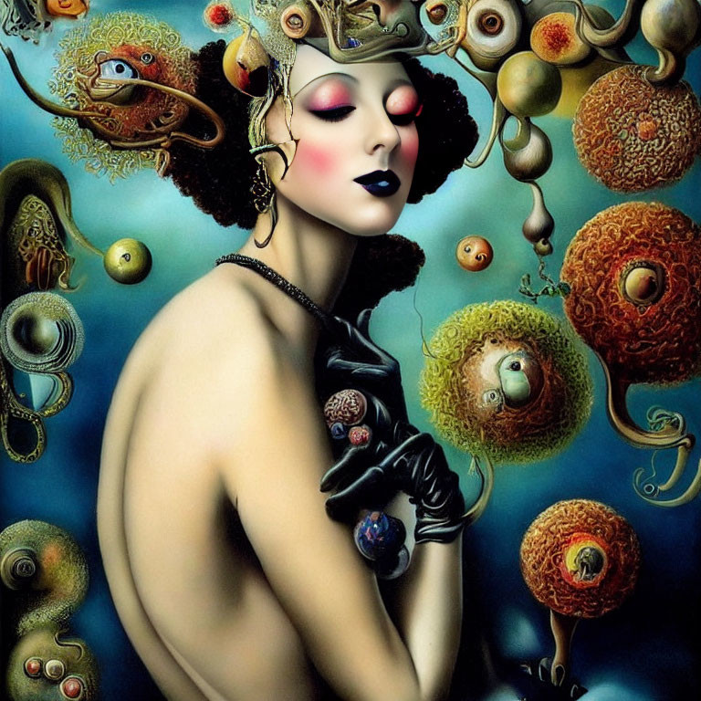 Surreal portrait featuring elaborate headgear, makeup, fantastical creatures, and intricate motifs