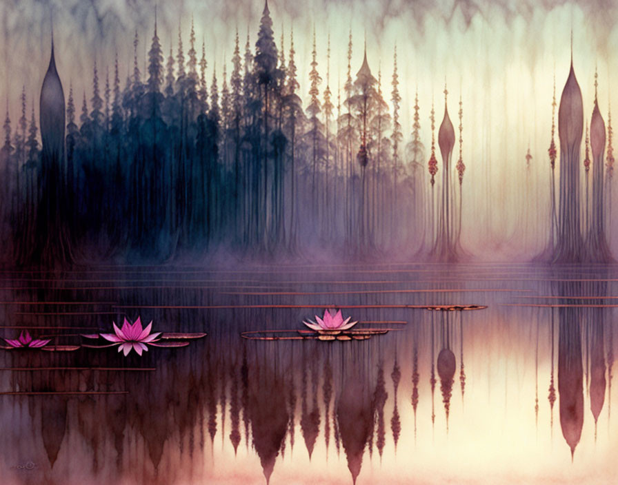 Misty forest and lotus flowers in ethereal landscape