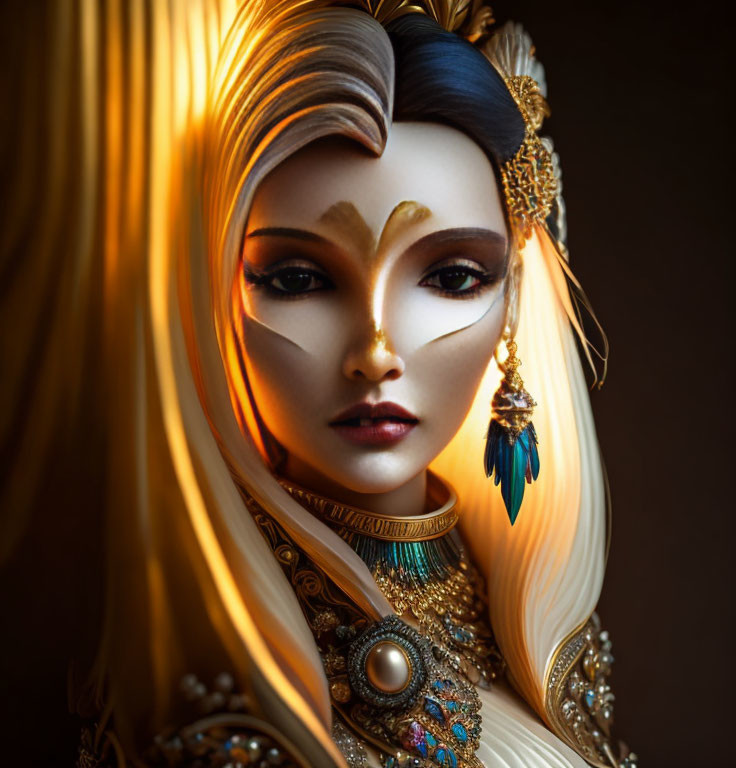 Highly Detailed Fantasy Character Doll with Gold-themed Makeup and Accessories