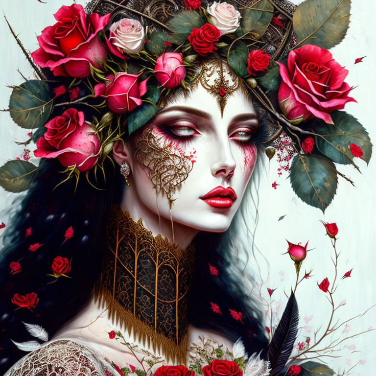 Fantasy portrait of a woman with roses, horned headdress, intricate makeup, tattoos, and