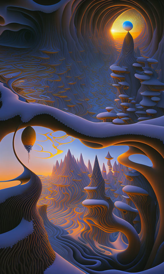 Surreal landscape with wave-like patterns, floating balloons, mountains, and glowing orb