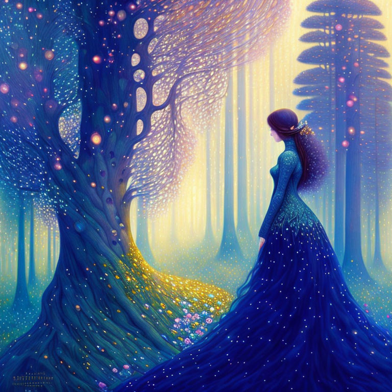 Woman in Flowing Blue Dress Observing Glowing Tree in Enchanted Forest