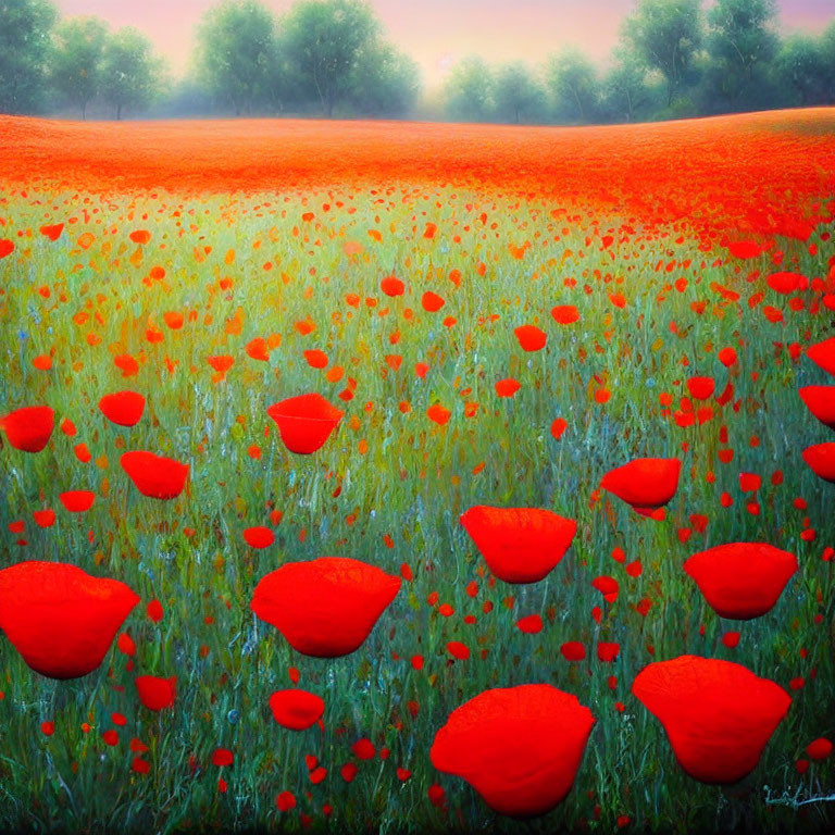 Vibrant red poppies in serene sunrise over green hills