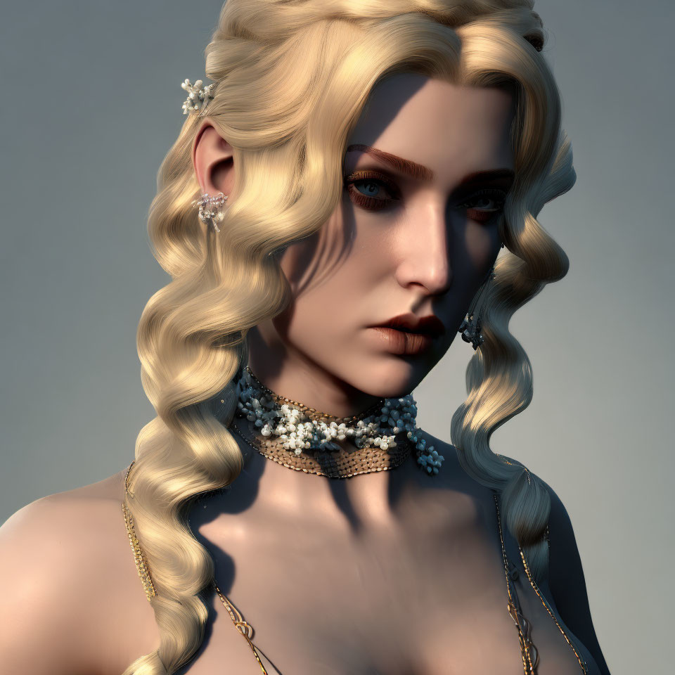 Blonde Curled Woman with Blue Eyes and Choker Portrait