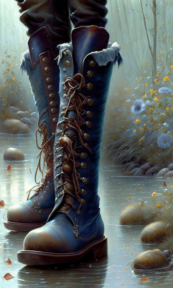 Blue laced-up boots with gold buttons in misty woodland setting.