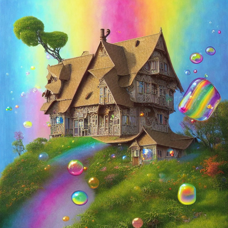 Whimsical house on colorful hillside with iridescent bubbles