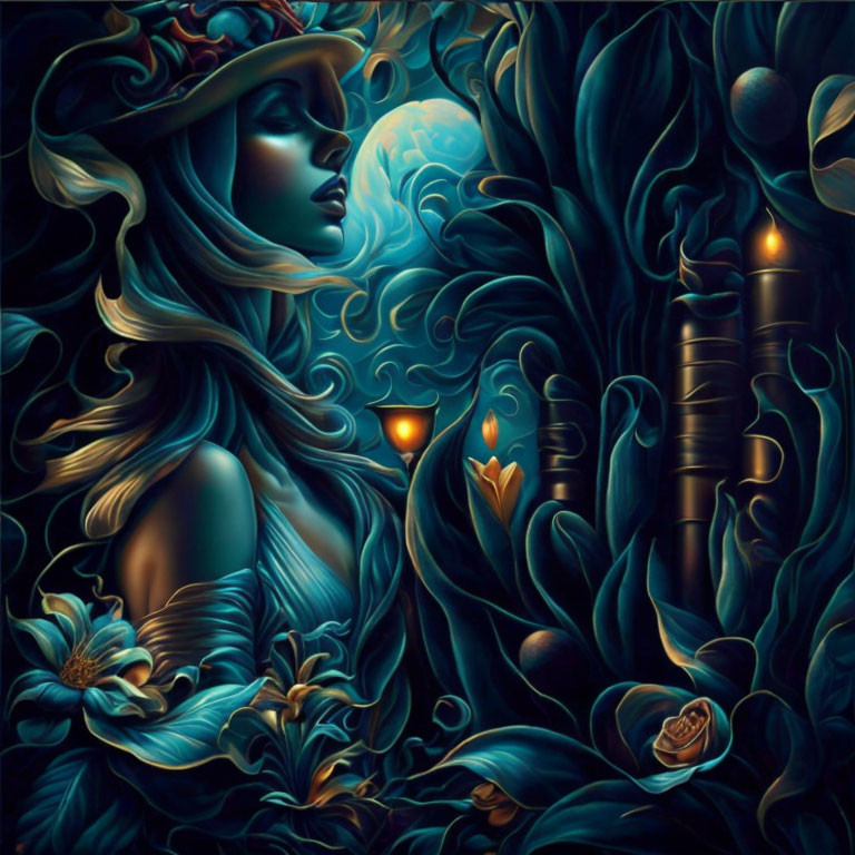 Surreal artwork: Woman in wide-brimmed hat surrounded by blue floral scene, candles,