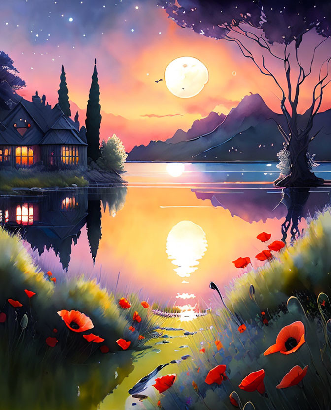 Scenic sunset over water with cottages, red poppies, and serene lake view