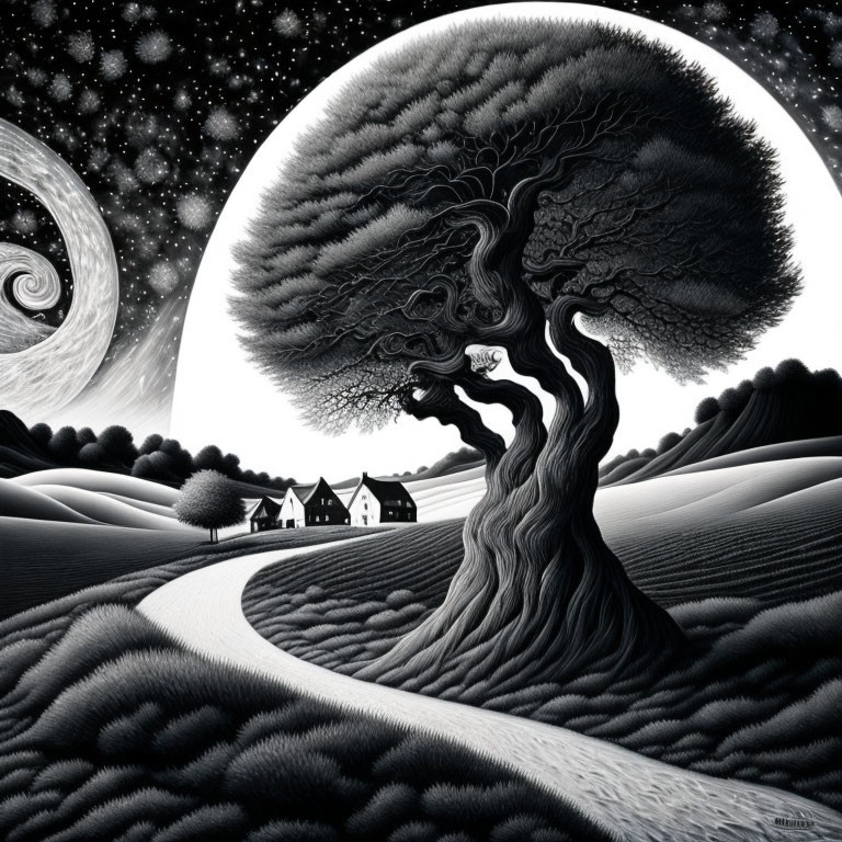 Surreal black and white illustration of twisted tree under starry sky