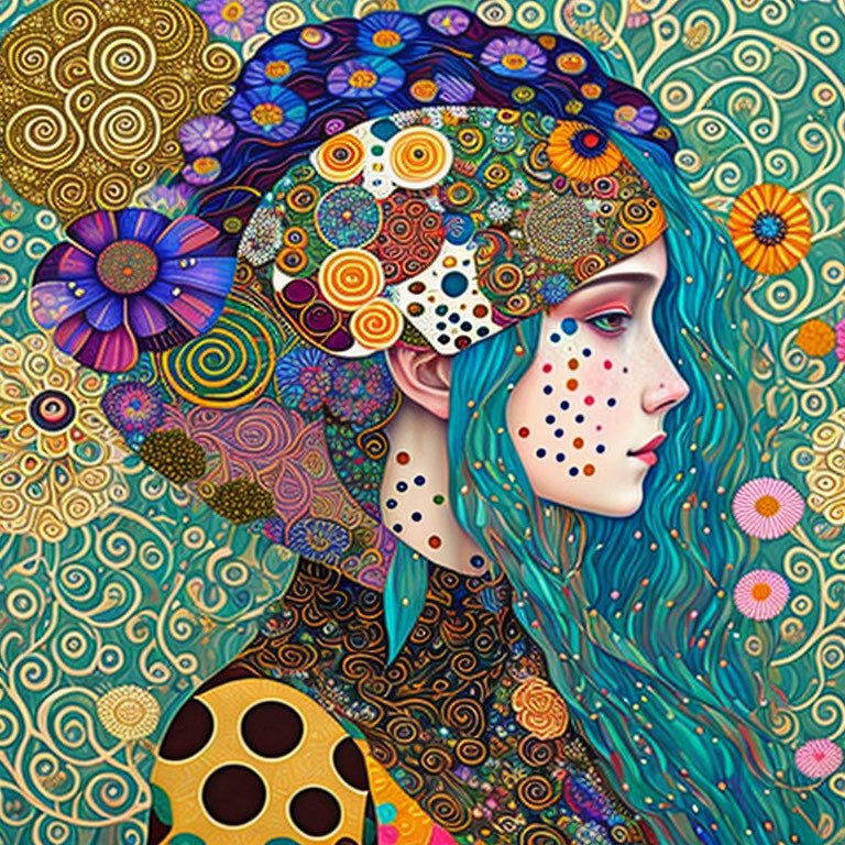 Colorful woman illustration with floral and geometric patterns on vibrant background