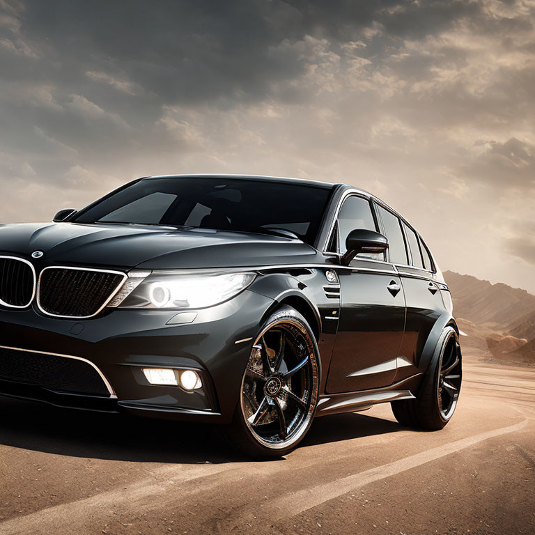 Luxury black sedan on desert road under dramatic sky