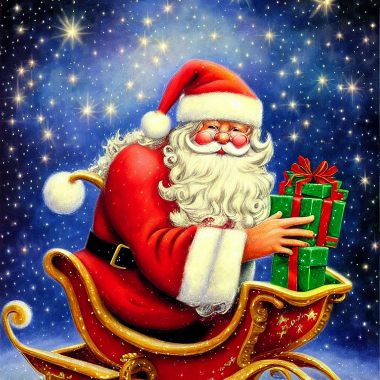 Santa Claus in Red Suit with Sack of Gifts Riding Sleigh under Starry Night Sky