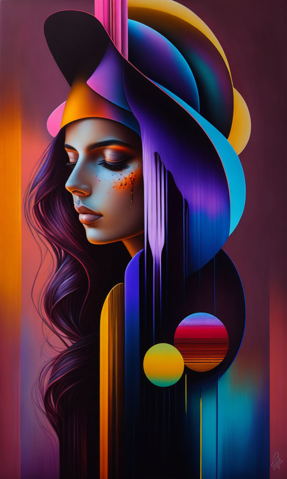 Colorful surreal portrait of a woman with flowing hair and vibrant shapes