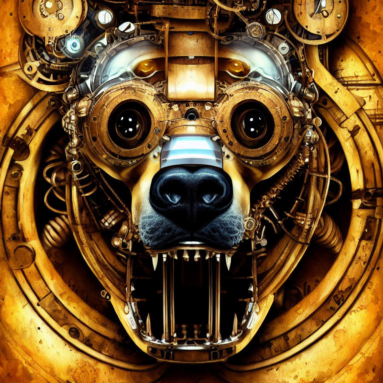 Steampunk-themed illustration of mechanized dog head with cogwheels and metallic structures