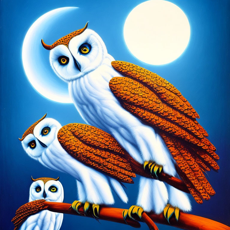 Three stylized orange-feathered owls on branch under full moon.