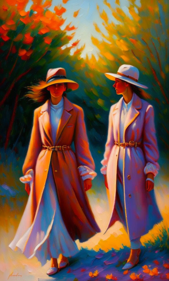 Elegantly dressed women stroll through autumn path with vibrant foliage