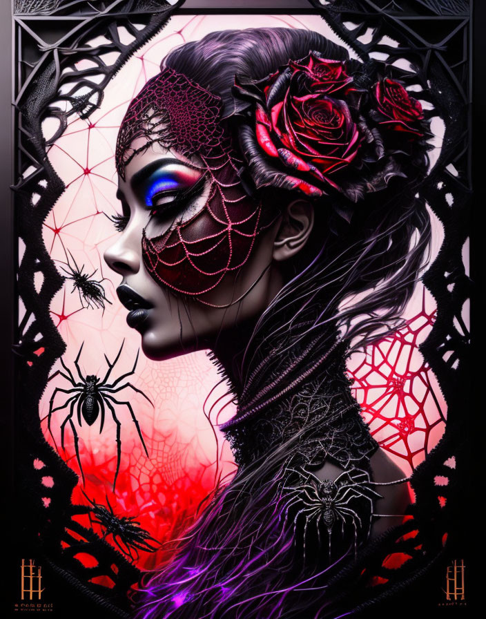 Gothic makeup woman with red roses, spiders, and spider webs in mystical setting